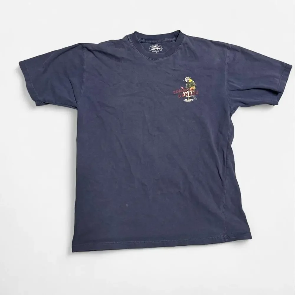 Small Tommy Bahama tropical navy blue graphic tee funny bar party vacation